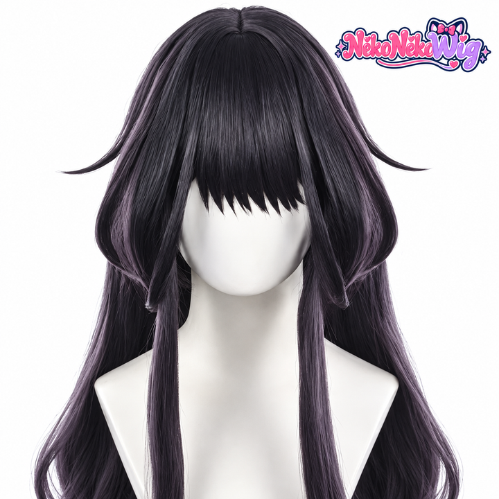 A Kaoruko Waguri-style cosplay wig with subtle black-purple coloring, an airy fringe, curved cheek sections and loose long waves. NekoNekoWig product view.
