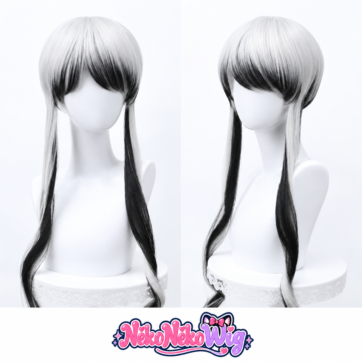 A black and white gradient cosplay wig with a pale crown, contrasting fringe and long twin tails. NekoNekoWig product view.