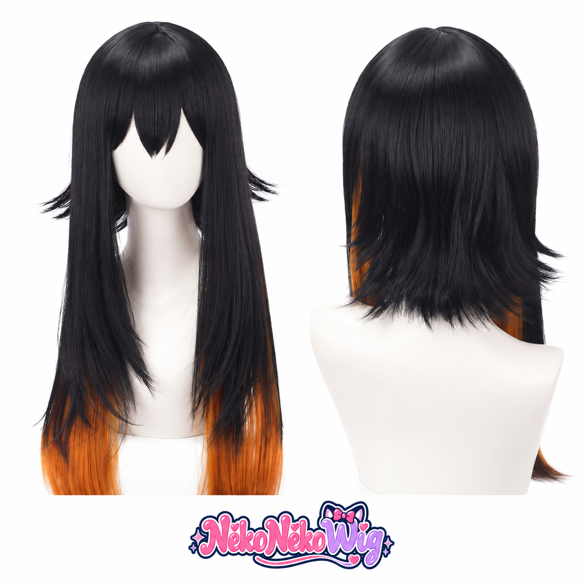A long black cosplay wig with orange lower sections, layered face-framing strands and a separated fringe. NekoNekoWig product view.