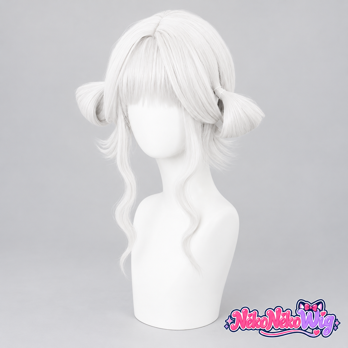 A white cosplay wig with small looped side buns, an uneven fringe and soft wavy face-framing strands. NekoNekoWig product view.