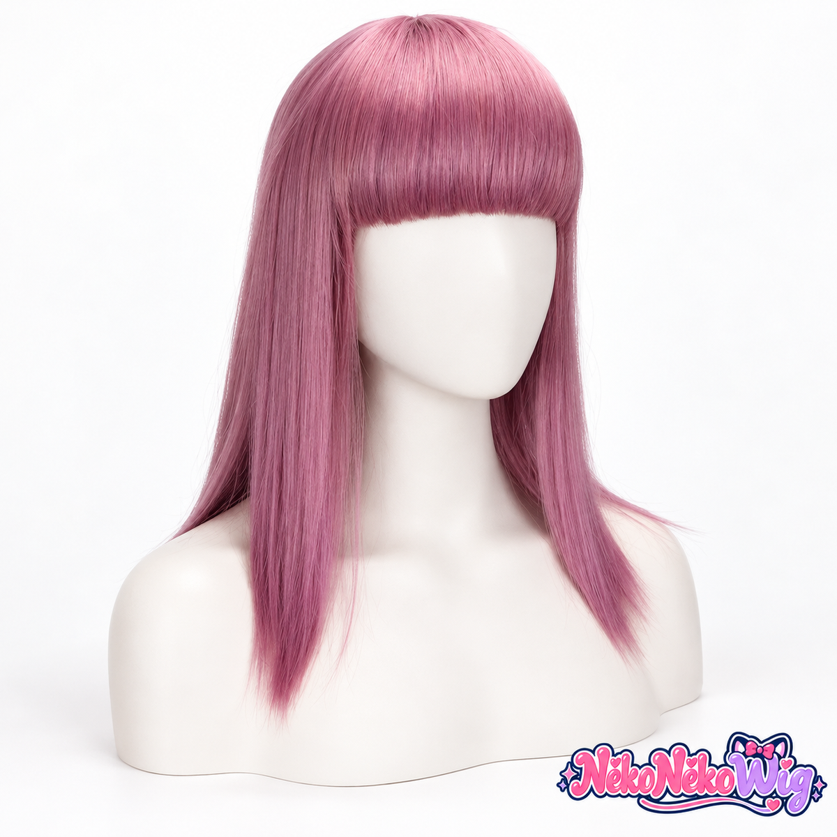 A dusty mauve pink-purple cosplay wig with a straight silhouette, blunt bangs and tapered face-framing ends. NekoNekoWig product view.