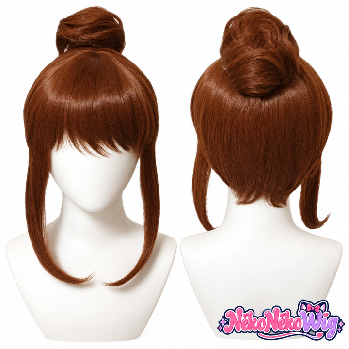 A chestnut brown cosplay wig with a rounded high bun, soft straight fringe and curved face-framing locks. NekoNekoWig product view.