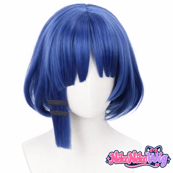 A blue bob cosplay wig with blunt bangs, inward-curved sides and one longer face-framing strand. NekoNekoWig product view.