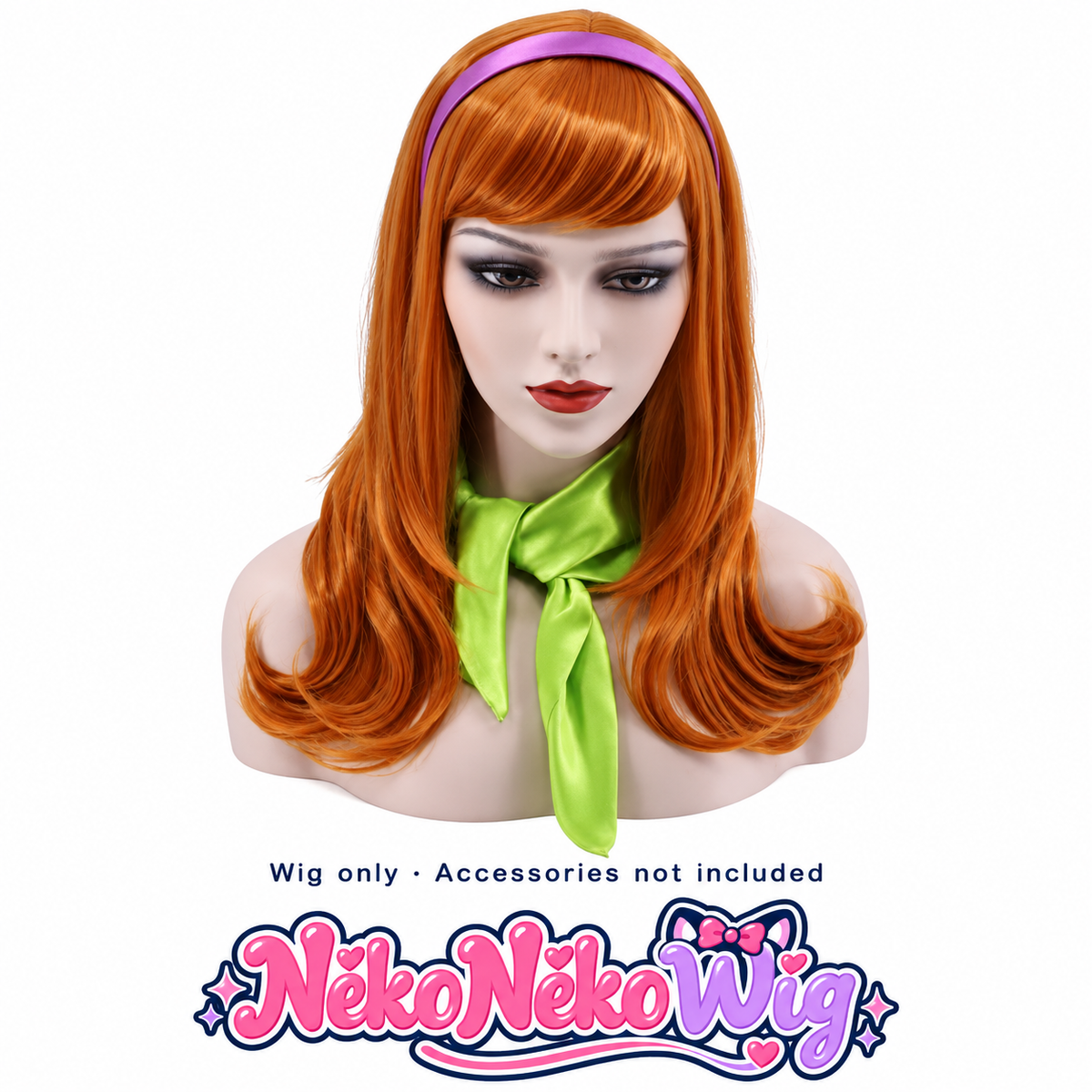 A copper orange cosplay wig with a swept fringe, long waves and outward-curled ends. NekoNekoWig product view.