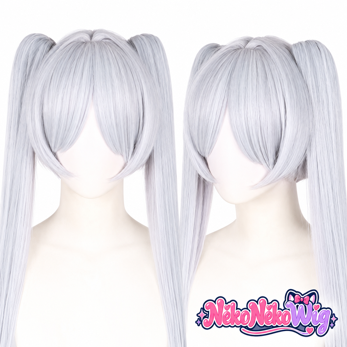 Frieren silver-white twin-ponytail cosplay wig close-up showing parted bangs