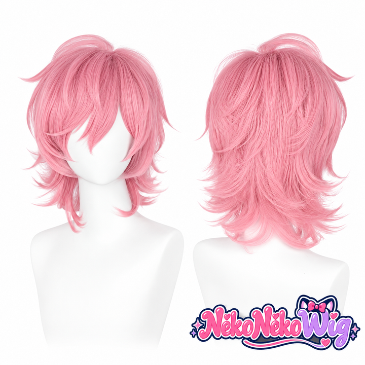 Pink short layered cosplay wig, front and back views