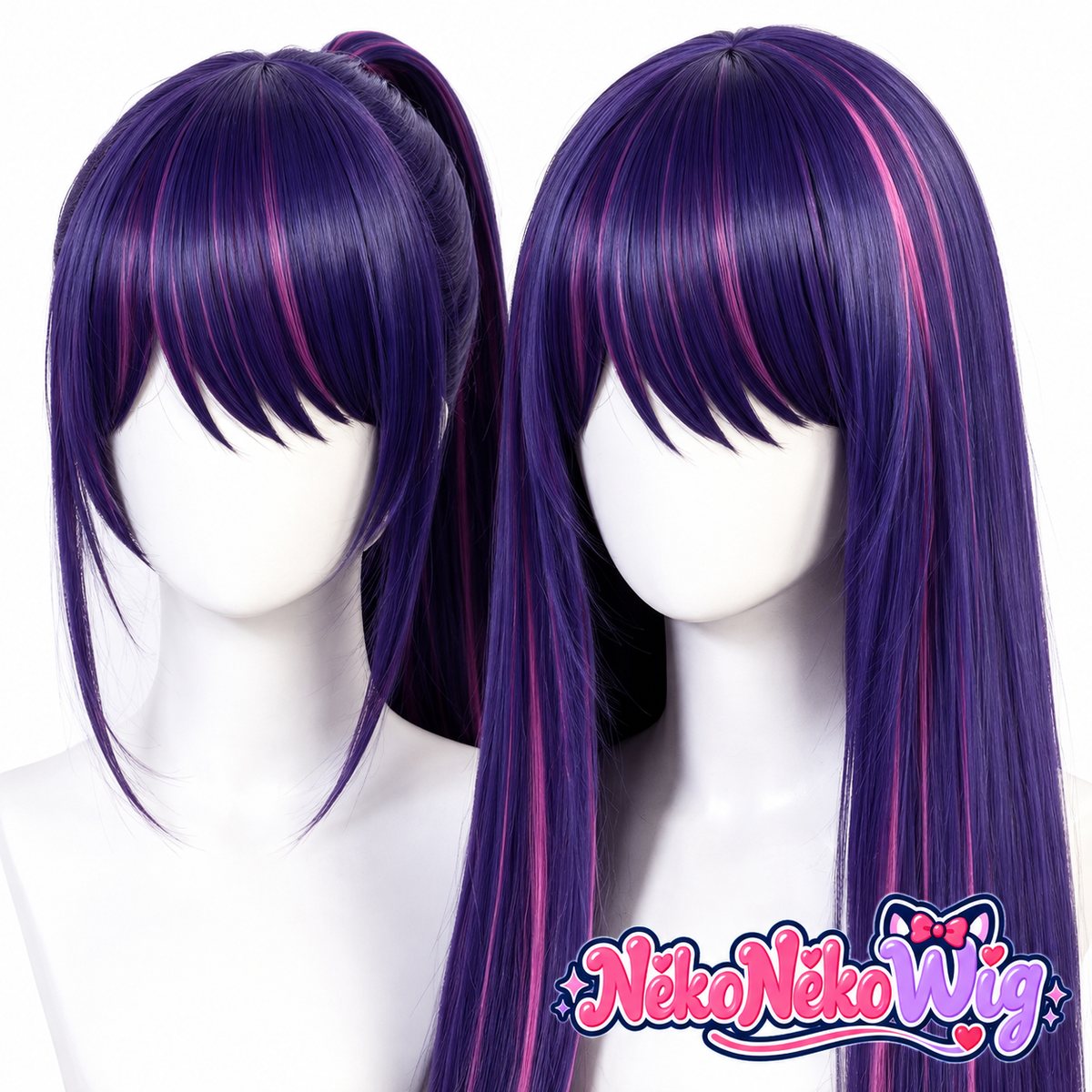 Ai Hoshino purple and magenta wig close-up: ponytail style on the left, straight style on the right