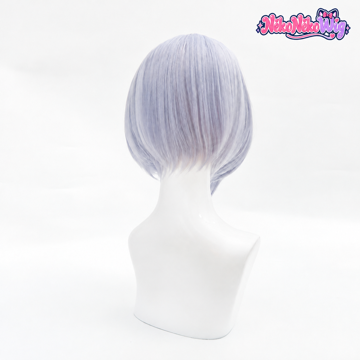 Noelle silver-lavender short bob cosplay wig, back view showing the rounded layered cut
