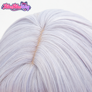 Close-up of the crown parting on a silver-lavender Noelle cosplay wig