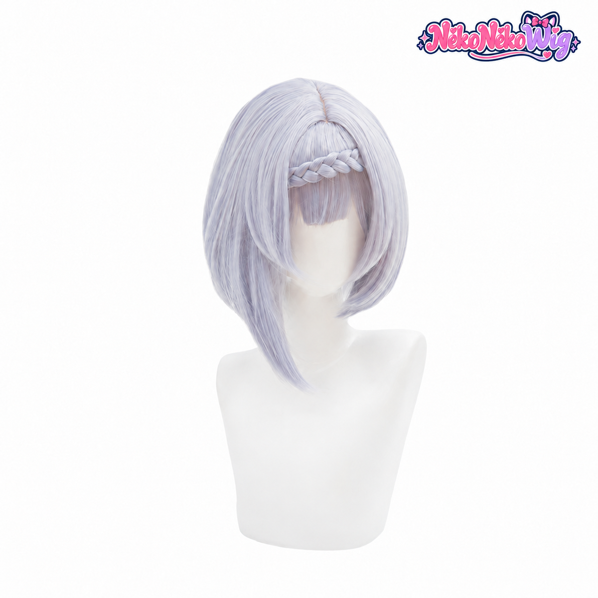 Noelle cosplay wig in silver lavender with straight bangs and a braided front detail, front view